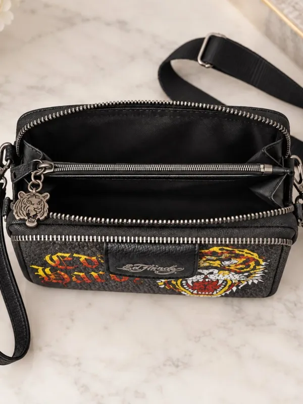 Ed Hardy Tiger Rhinestone Wallet Crossbody Wristlet Black NWT - Image 5