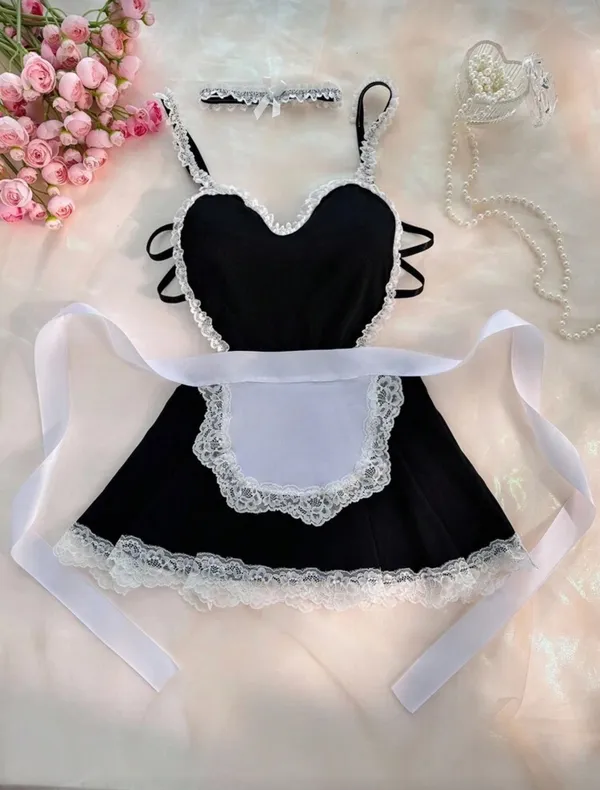 Sexy Lingerie Babydoll Maid Costume Black White Lace Size S - Image 3