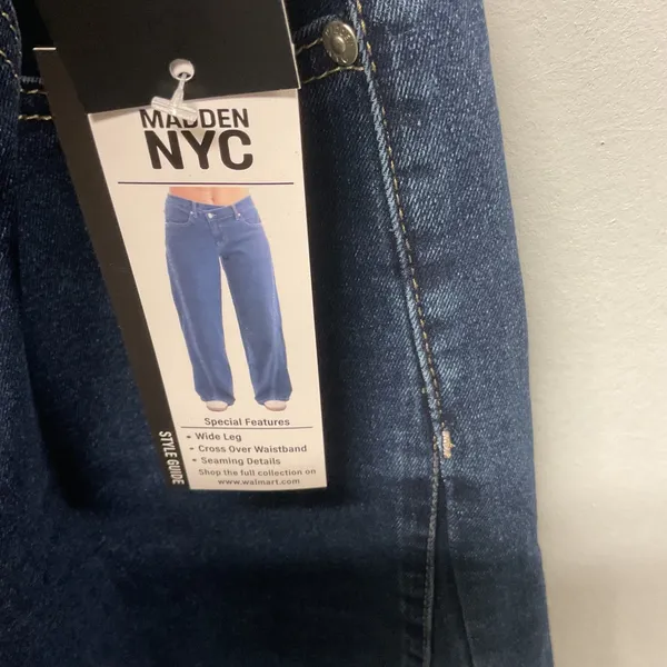 Madden‎ NYC Wide Leg Jeans XXS Blue Denim Elastic Waist Cross Over Waistband New - Image 6