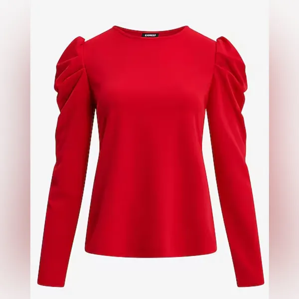 EXPRESS Crew Neck Puff Long Sleeve Tee SMALL Lipstick Red Blouse Top - Image 4