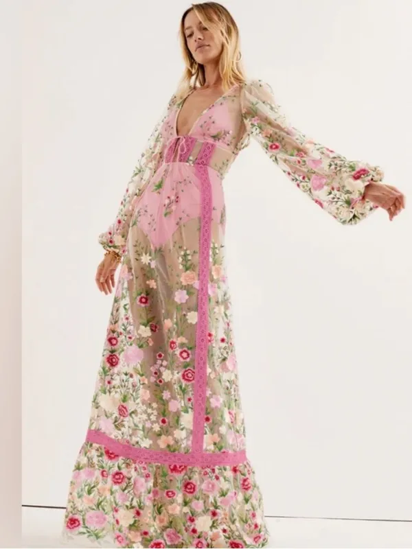 For Love & Lemons Luna Embroidered Floral Tulle Maxi Dress Ethereal Small New - Image 3
