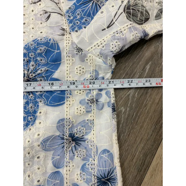 Adiva Button Front Blouse Medium Blue Floral Sheer Long Sleeve Shirt Top - Image 5