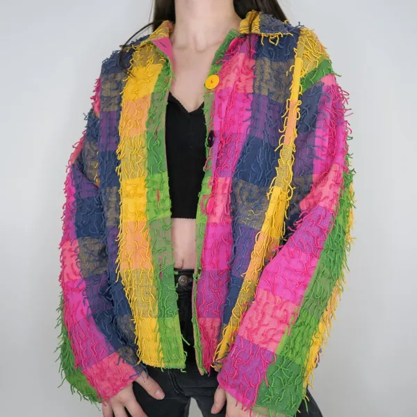 Vintage Keren Hart Colorblock Stringy Fringe Shaggy Rag Jacket - Image 5