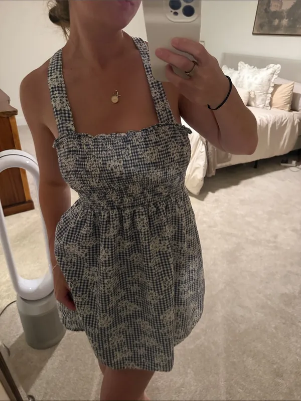 American Eagle Cream Smocked mini dress with Blue Plaid floral pattern - Image 5