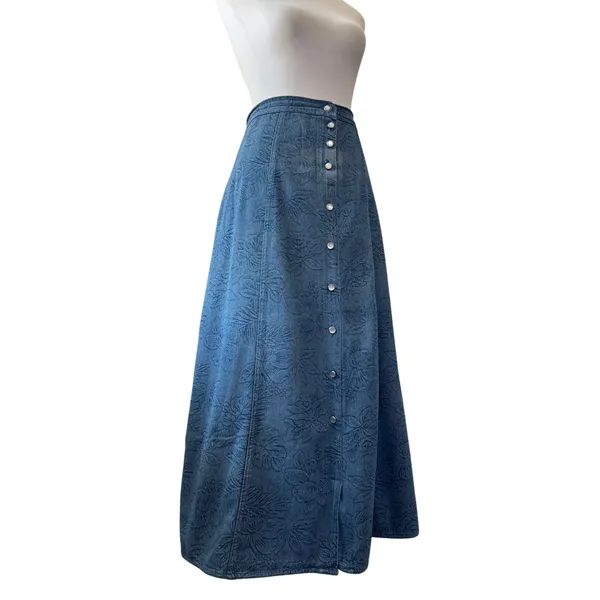 Blue Denim Floral Print Button Front A-Line Midi Skirt - Image 2