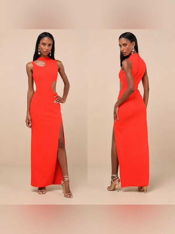 Lulus Sindra Bright Orange Cutout Column Maxi Dress Size Small NWT $78 - Image 2
