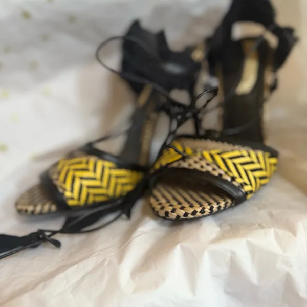 Zara Black and Yellow Woven Lace Up Sandals - Image 9