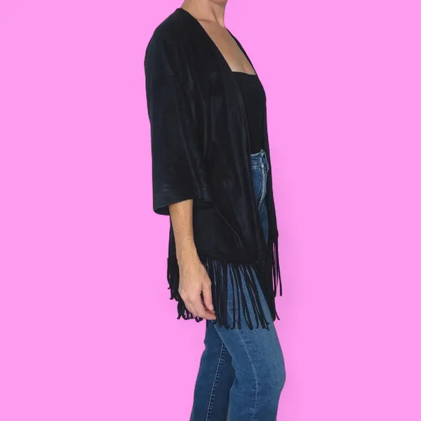 Express Faux Suede Bohemian Festival Fringe Open Cardigan - Image 6