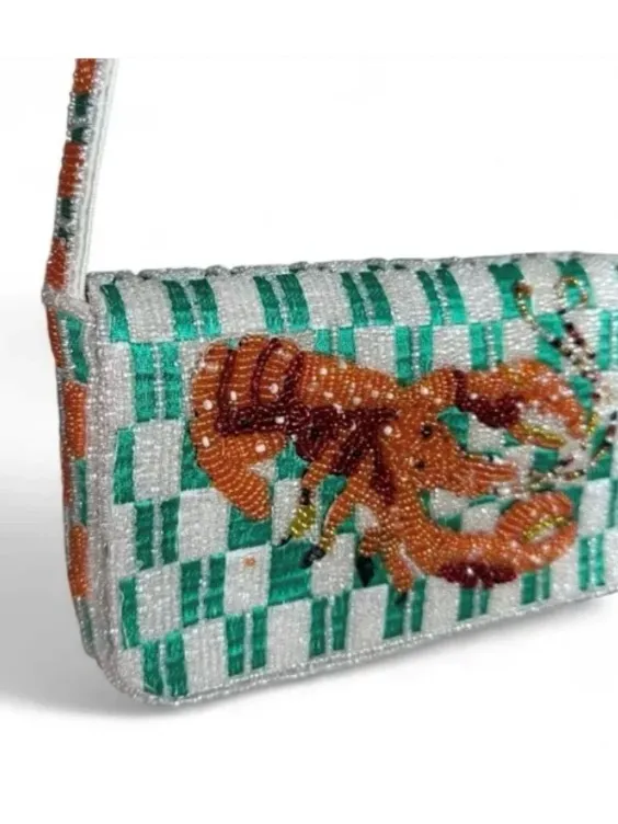 Handcrafted Lobster Crawfish Beaded shoulder Bag Checked stripped Sparkly NWT - Image 9