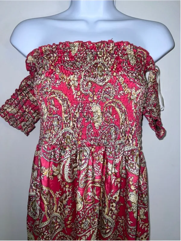 Women's Earthbound Trading Red Beige Paisley Off-Shoulder Maxi Dress XL - Image 4