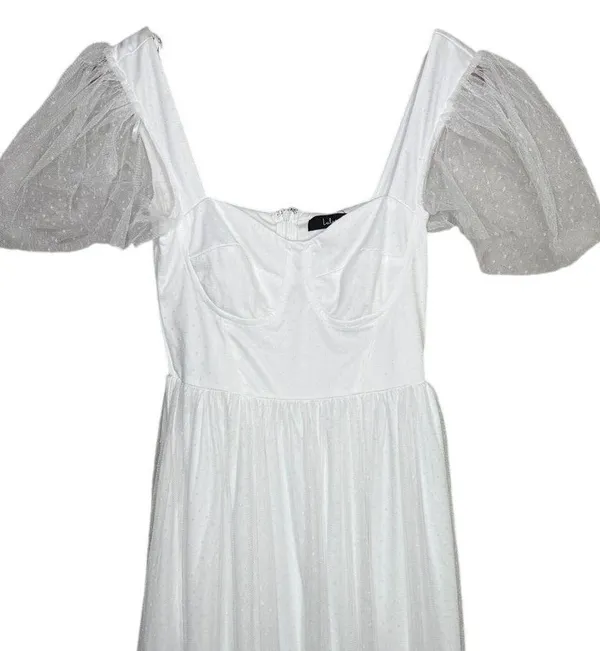 NWT Lulus Dreamy Celebration Sheer Tulle Bustier Swiss Dot Midi Dress S White - Image 3