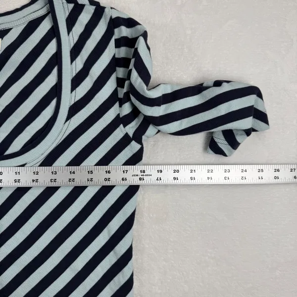 Maeve Anthropologie Womens Large Blue Navy Striped‎ Zip Front 3/4 Sleeve Rib Top - Image 3