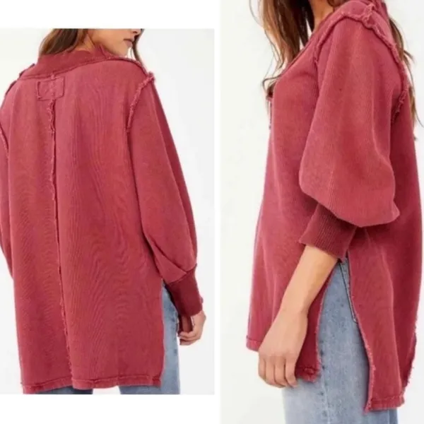Free People Asher Thermal Oversized Shirt Stolen Kiss Maroon Red - Image 2