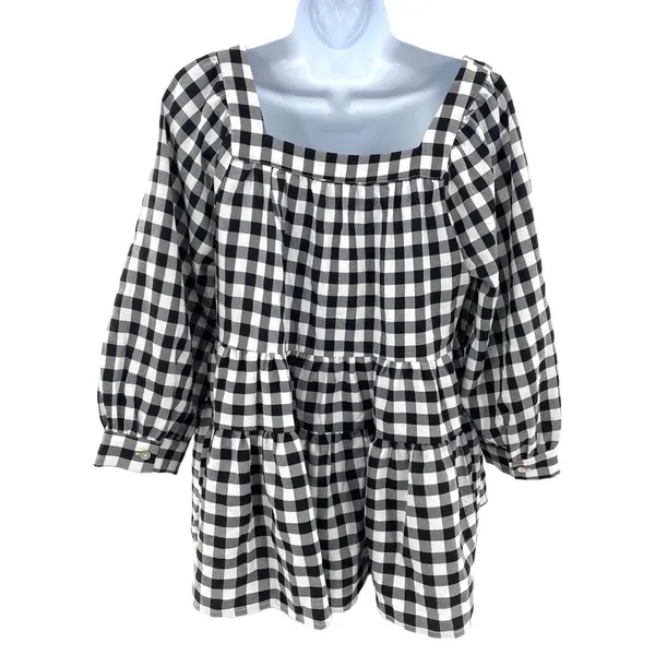 Entro Black and Off White‎ Gingham Print Woven Top NWT Small Checker 3/4 Sleeve - Image 5