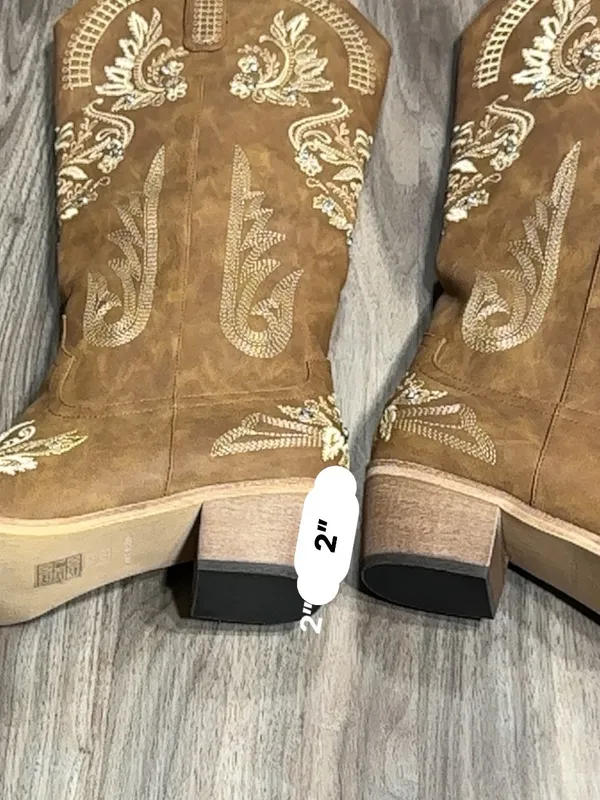 Western Embroidered Heeled Boots in Tan Size 12 - Image 12