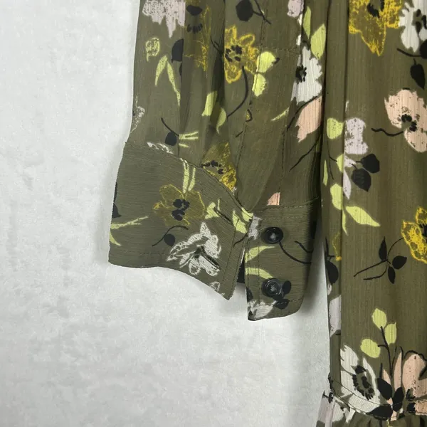 Madewell Women‎ Olive Green Floral Tiered V-Neck Midi Dress XXS Long Sleeve - Image 11
