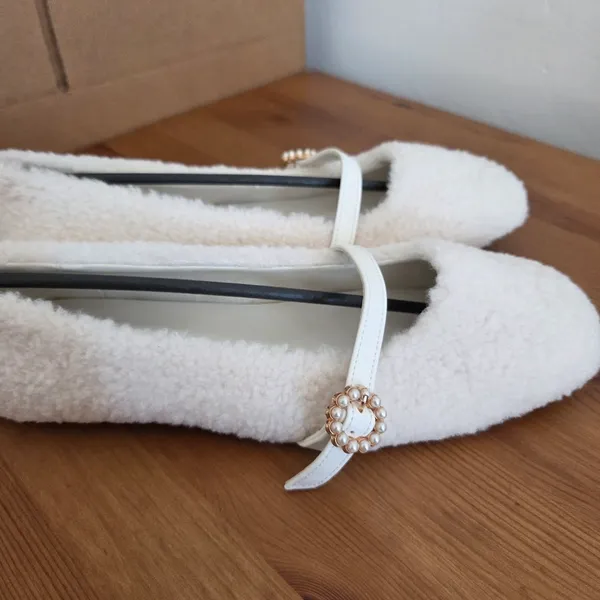 SheIn Faux Sherpa Ballet Flat Shoes Mary Janes Cream Ivory Buckle Twee Preppy Kawaii 9 - Image 5