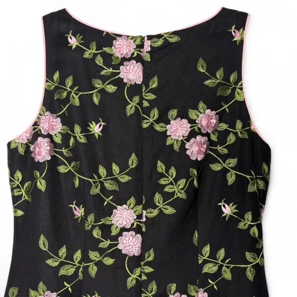 VTG Jessica Howard Embroidered Pink Roses Linen Blend Black Cocktail Dress Sz 14 - Image 6
