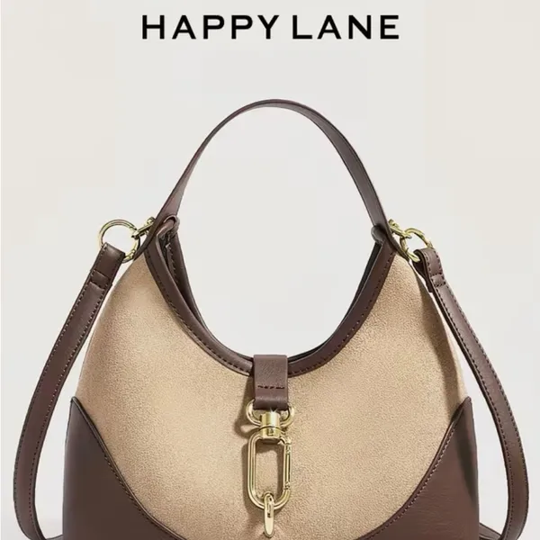 Happy Lane Two-Tone Hobo Shoulder Bag Suede Brown Beige Gold Hardware NIP - Image 10