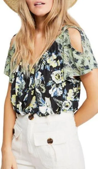 NWT Free People Baja Babe Cold Shoulder Floral Print Top Black Combo Size Medium - Image 3