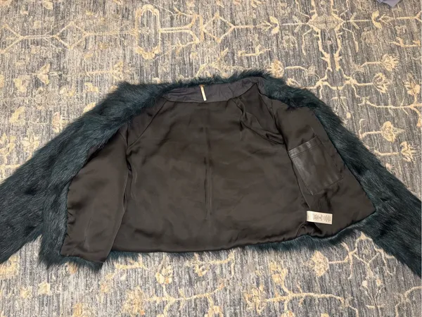 Free People Frankie Faux Fur Jacket Dark Emerald Green Teal Coat Size Medium - Image 13