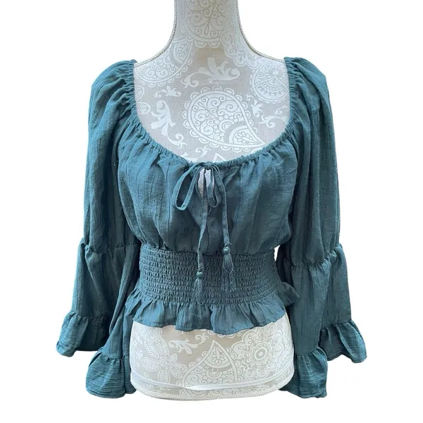 Cottagecore Forest Fairy Peasant Milkmaid Blouse Boho Ren Faire Boho Green L - Image 3