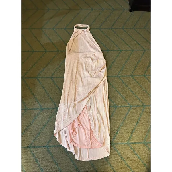 NEW Pink Halter Neck Slit Textured Backless Sim Fit Ruched Maxi Dress XL - Image 3