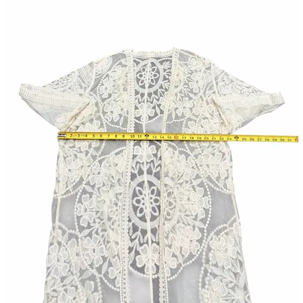 Kimono Duster‎ Womens Small Ivory Sheer Lace Embroidered Open Front Boho Fairy - Image 5