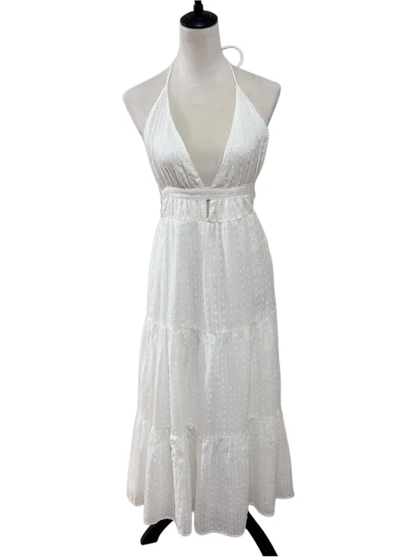 NWT En Crème White Swiss Dot Halter Open Back Cutout Tiered Summer Maxi Dress Sm - Image 3