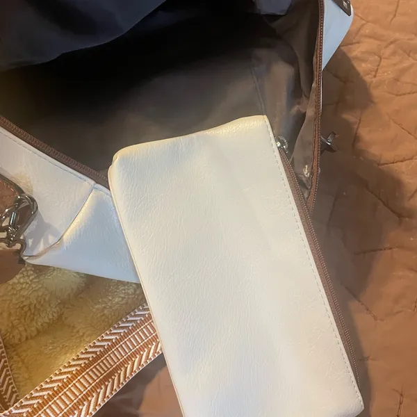 White and Brown Backpack with Textured Material and Multiple Compartments - Image 8