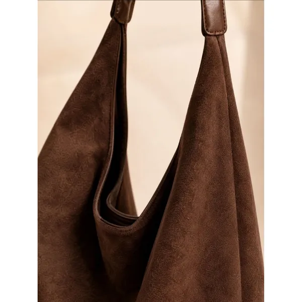 Coffee Brown Suede Slouchy Hobo Tote Crescent Bag Set + Mini Suede Shoulder Bag - Image 7