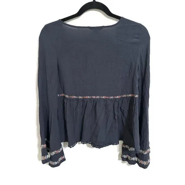 American Eagle Shirt Womens Small Blue Embroidered Boho Peasant Bell Sleeve Top - Image 2
