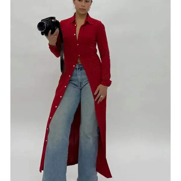 Polo Ralph Lauren Red Midi Shirt Dress MEDIUM Duster Preppy Jersey Designer $300 - Image 4