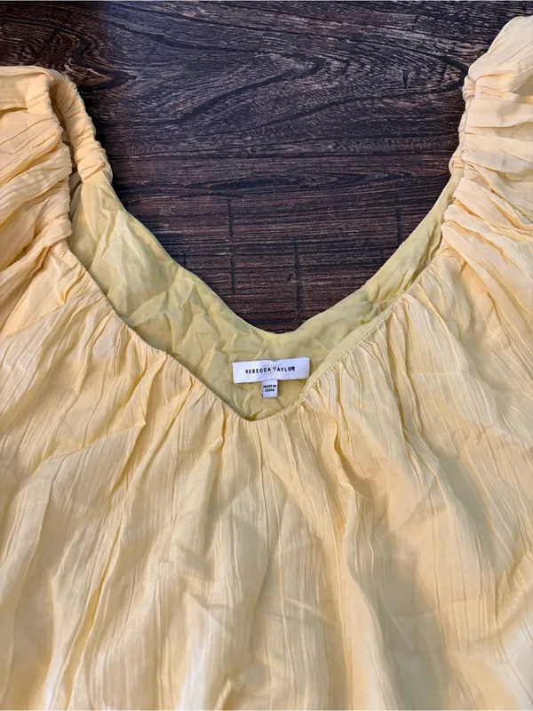Rebecca Taylor Tiered Silk Cotton Puff Sleeve Dress Womens XL Yellow - Image 4
