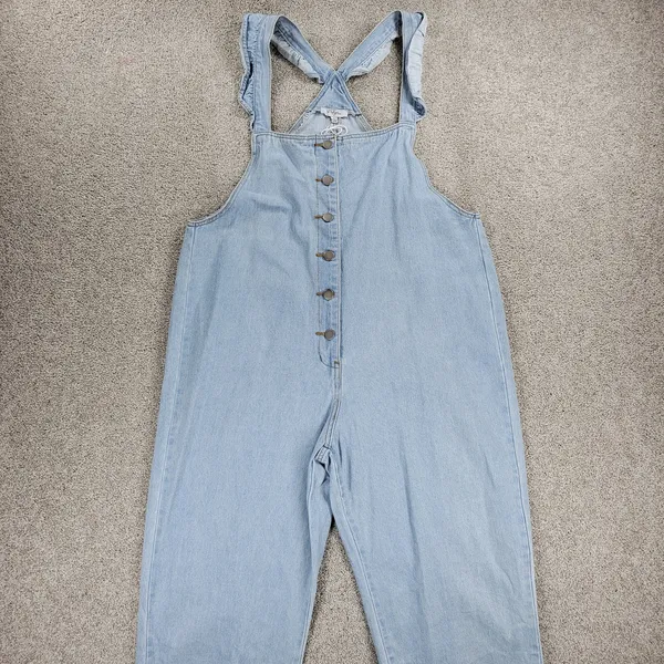 Polagram Overall Button Up Denim Jumpsuit Womens L Blue Light Wash Ruffle Straps - Image 14