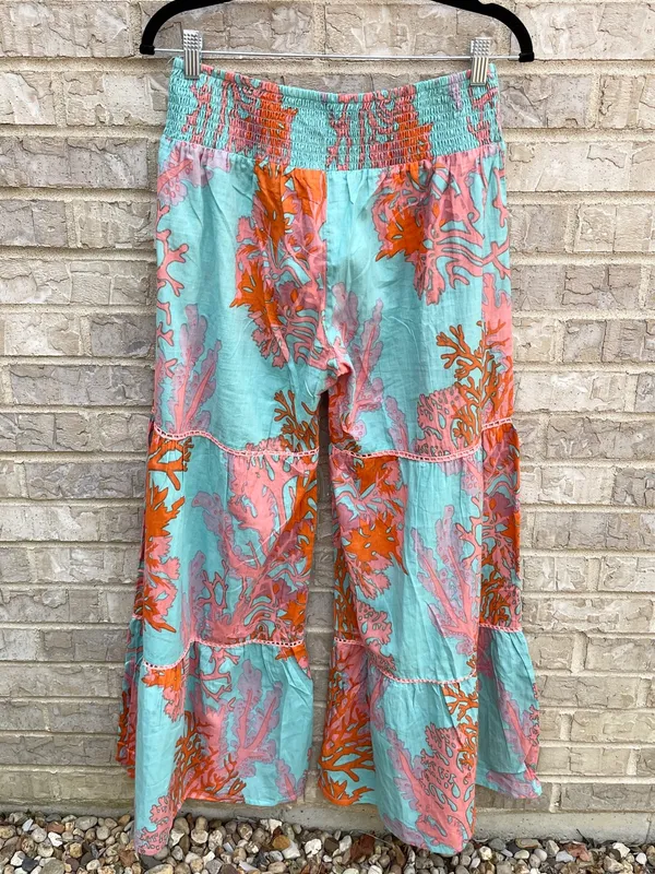 Debbie Katz Tala Pant Sea, Boho Wide-Leg Tiered Pants in Aqua & Coral - L - Image 5