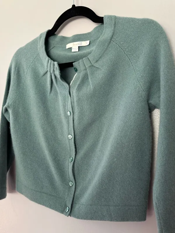Boden 100% Cashmere Cropped Cardigan Pleated Neck Sage Green Size US 4 - Image 3