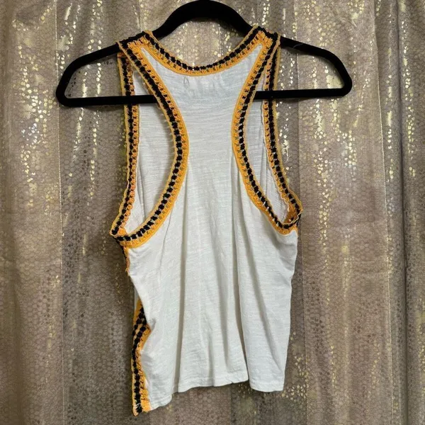Free People Black Yellow Ivory Bora Bora Racerback Crochet Linen Blend Trim Tank - Image 2