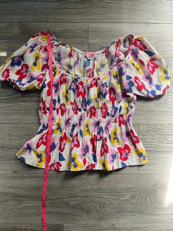 Kate Spade White Blue Floral Smocked Scoop Neck Puff Sleeve Cotton Blouse Size M - Image 6