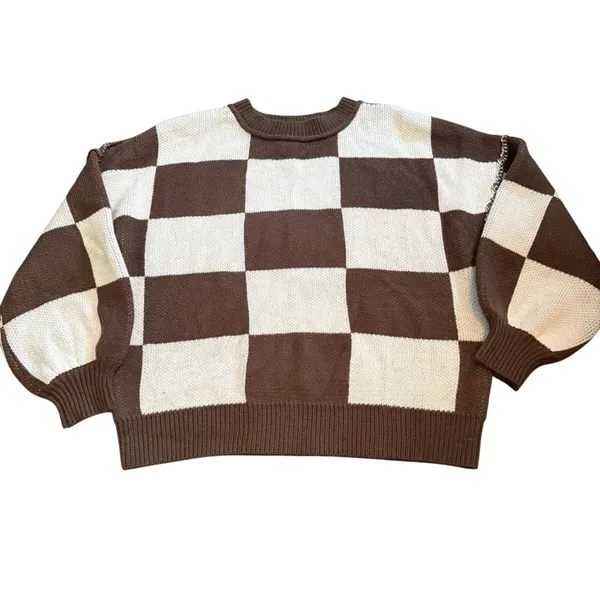 Checker Print Crewneck Sweater Brown‎ Cream Checkerboard Fall Neutral Size S - Image 2