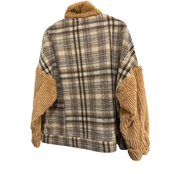 POL Plaid Faux‎ Fur Collar Sherpa Lined Shacket Jacket Women - Image 5
