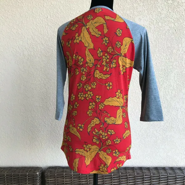 LuLaRoe Randy‎ Floral Raglan Baseball Tee Red Gold Gray 3/4 Sleeve XS NWT - Image 5