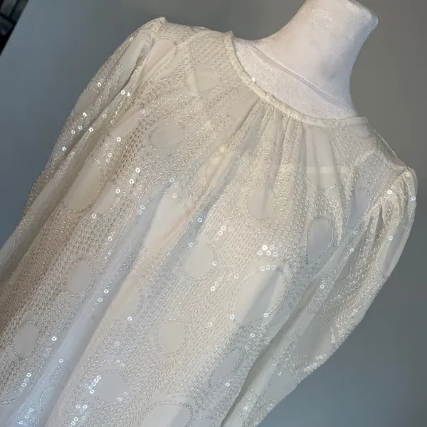 Eva Franco White Sequin Mesh Puff Sleeve Blouse SE10054AN Size S - Image 8