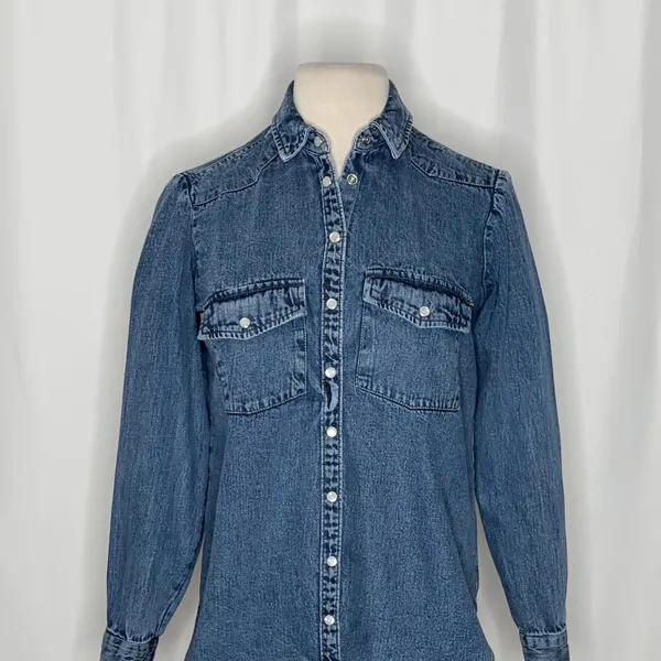 Anthropologie PILCRO Dannie Classic Denim Shirt Western Snap Puff Sleeve XXS - Image 3