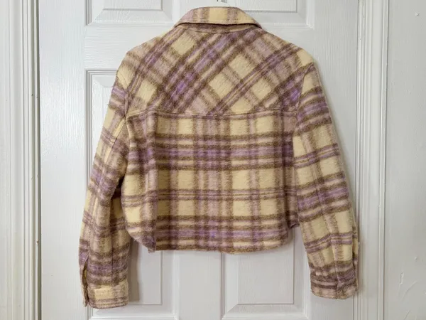 Zara Cream Purple Plaid Cropped Shacket Jacket Size S Fuzzy Cozy Fall Layer Preppy - Image 3