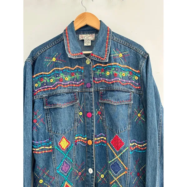 New Directions Vintage 90s Embroidered Denim Jacket Boho Floral 1X - Image 5