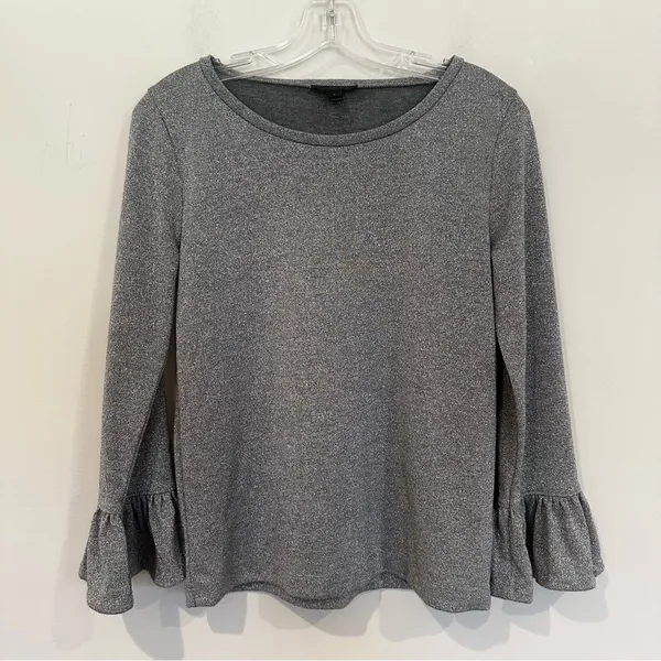 J. Crew Metallic Blouse Ruffle Sleeve Blouse‎ Women's Small Silver Party Holiday - Image 3
