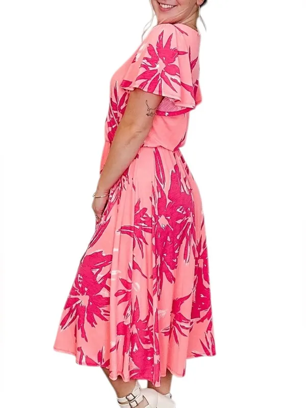 Sew in Love Tropical print faux wrap dress Coral and Pink size Large - Image 6