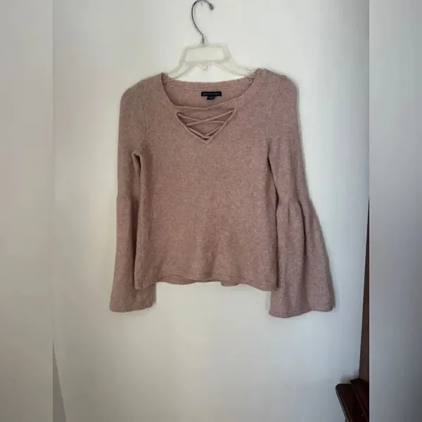 American Eagle Criss Cross Lace Up V Neck Sweater Pink Size M - Image 6