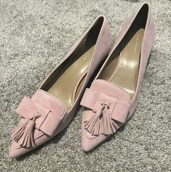 Baby Opal Blush Pink Leather Suede Tassel Bow Kitten Heel Loafer Mule - Image 3